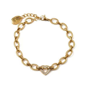 BASIC - BRACCIALE A CATENA IN ACCIAIO DORATO CON CUORE STRASS DORATO