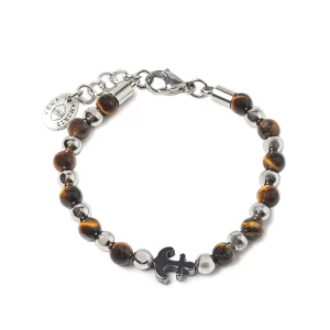 BASIC - BRACCIALE IN ACCIAIO CON GRANI OCCHIO DI TIGRE E ANCORA